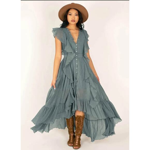 Elegant Gray Ruffled Maxi Dress - Picture 2 of 7